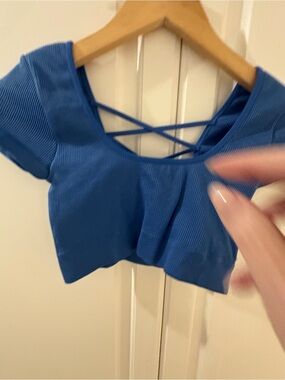 aerie Blue Ribbed Crisscross Short Sleeve Crop Top